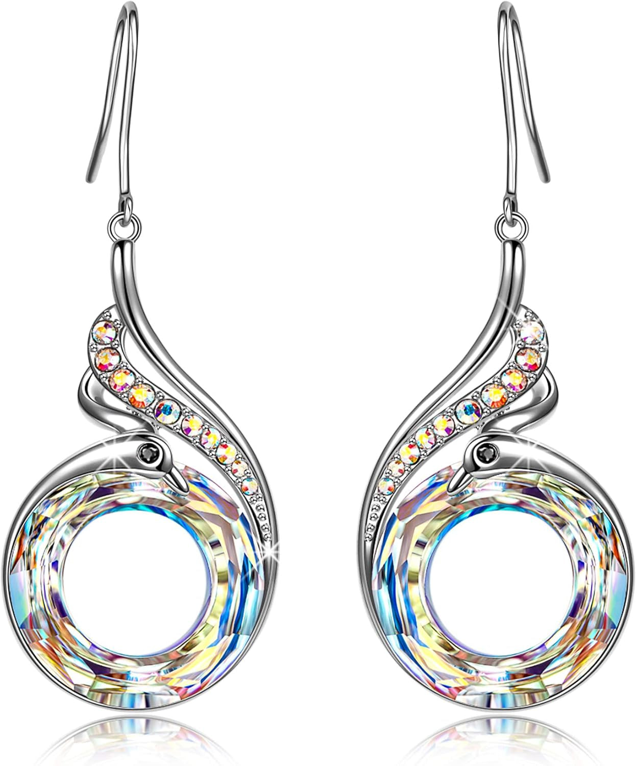 "Rise from the Ashes" Phoenix Earrings, Sterling Silver Dangle Earrings with Crystals from Austria, Birthday Gift with Jewelry Box, Symbol of Luck and Renewal