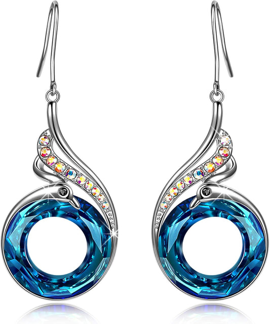 "Rise from the Ashes" Phoenix Earrings, Sterling Silver Dangle Earrings with Crystals from Austria, Birthday Gift with Jewelry Box, Symbol of Luck and Renewal