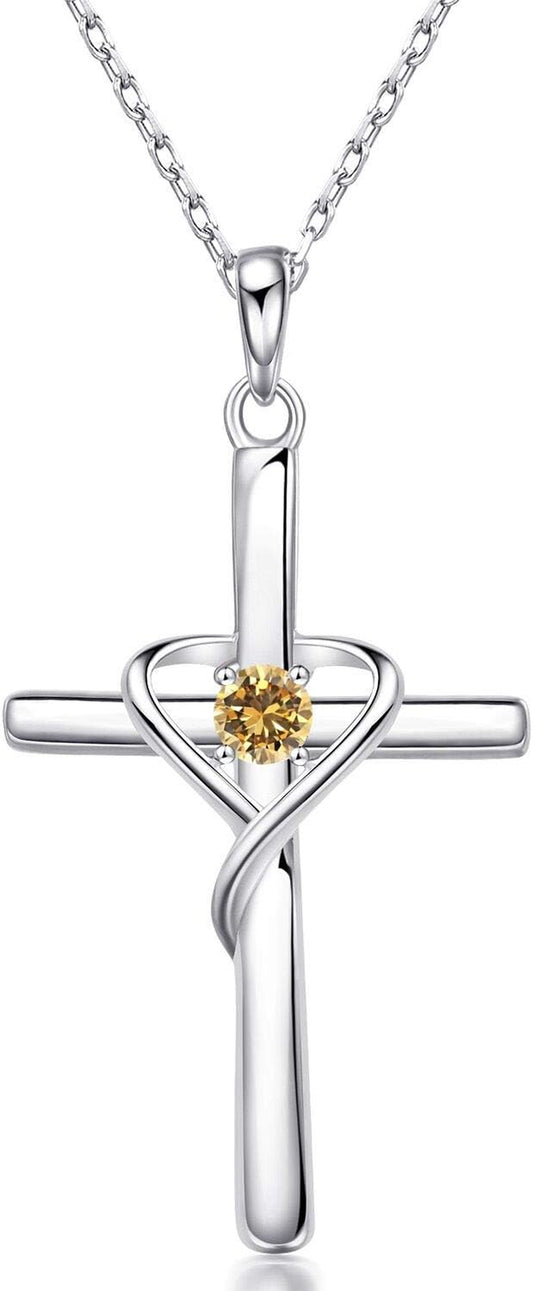 925 Sterling Silver Cross Necklace for Women Men 14K Gold Plated 5A CZ Birthstone Necklaces for Holiday