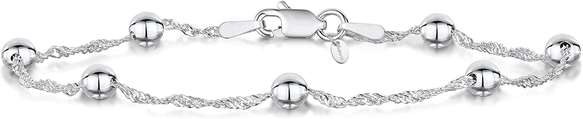 925 Sterling Silver 1.4 Singapore Chain Bracelet Size with 4 Mm Ball Beads 7" 7.5" In