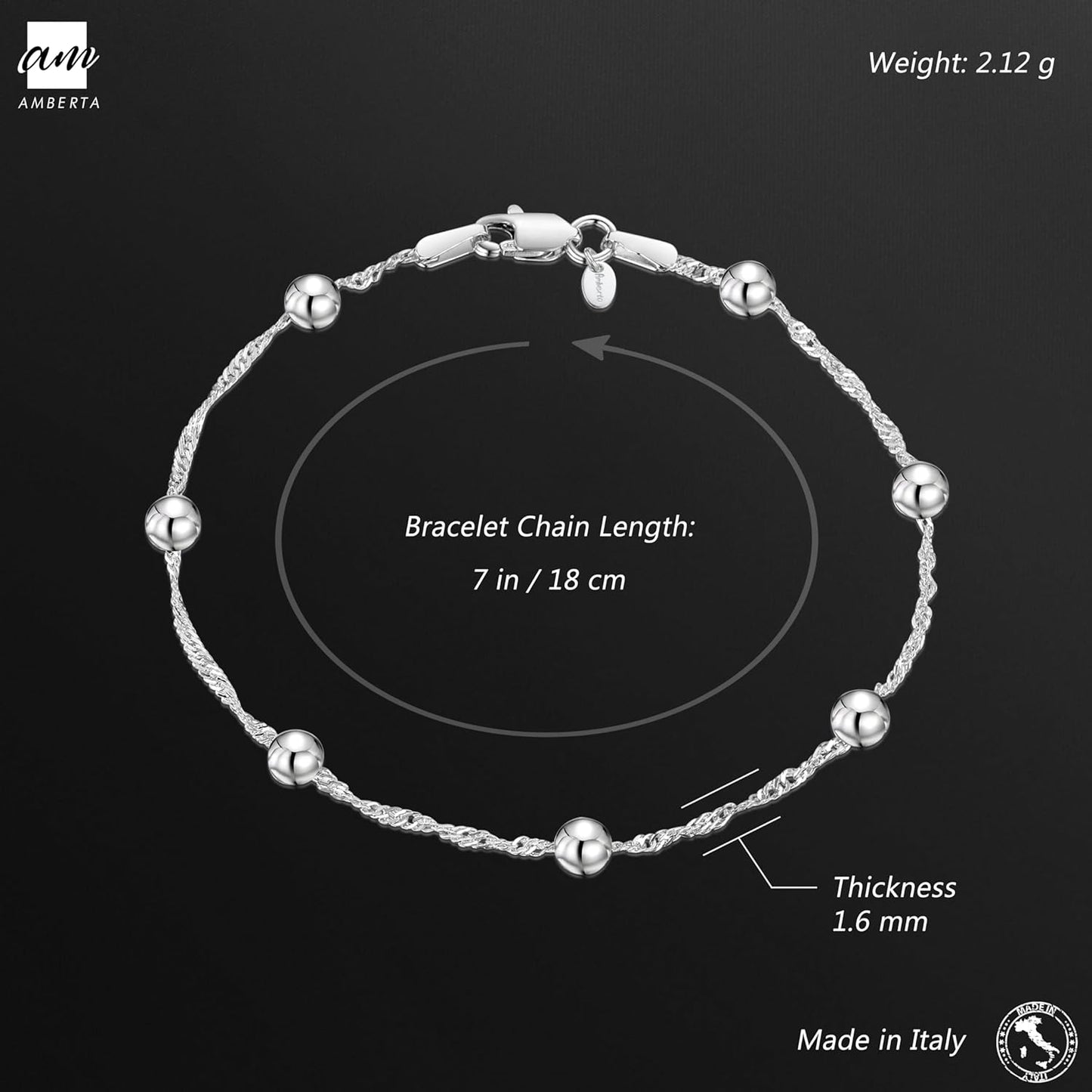 925 Sterling Silver 1.4 Singapore Chain Bracelet Size with 4 Mm Ball Beads 7" 7.5" In