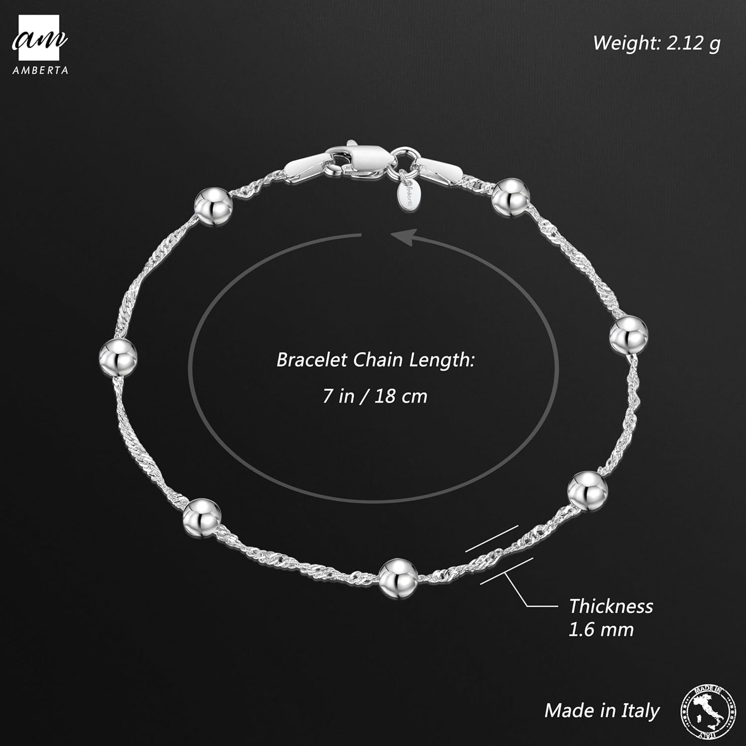 925 Sterling Silver 1.4 Singapore Chain Bracelet Size with 4 Mm Ball Beads 7" 7.5" In