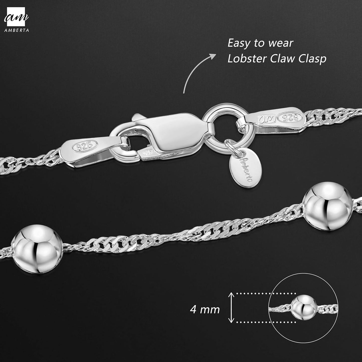 925 Sterling Silver 1.4 Singapore Chain Bracelet Size with 4 Mm Ball Beads 7" 7.5" In