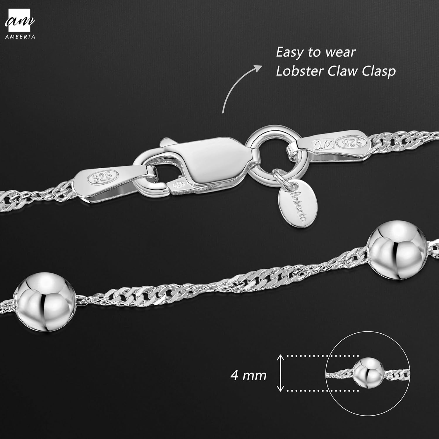 925 Sterling Silver 1.4 Singapore Chain Bracelet Size with 4 Mm Ball Beads 7" 7.5" In